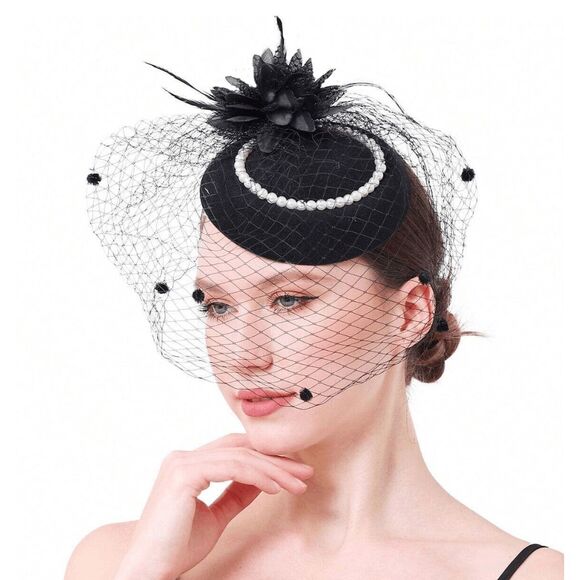🖤 Pinup Accessory 1950s Retro Vintage Fascinator Black Pillbox Pearl Veil Hat - Picture 3 of 9